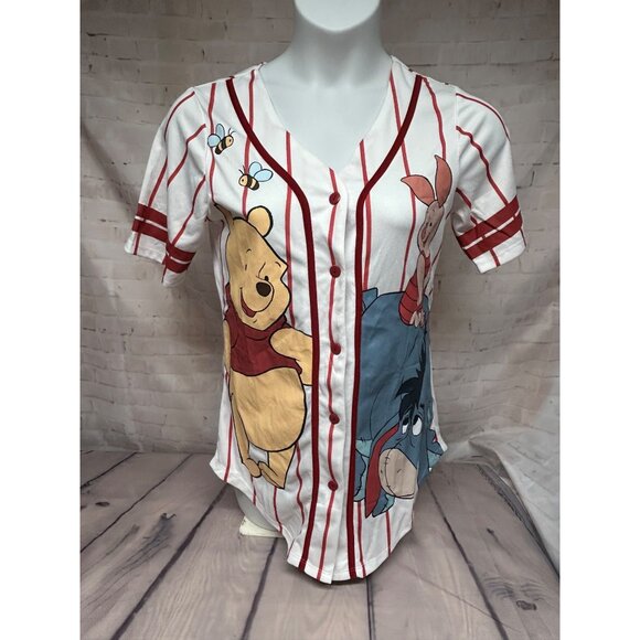Disney Tops - Disney Winnie The Pooh Baseball Jersey Shirt V Neck Button Up Womens Size Large
